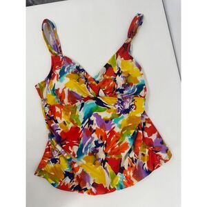 Slimshaper Sz 12 Orange Yellow Blue Watercolor Tankini Swim‎ Top Padded V-Neck